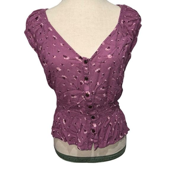 Moral Fiber Mauve Floral Short Sleeve V Neck Button Down Peplum Blouse size L - Picture 10 of 11